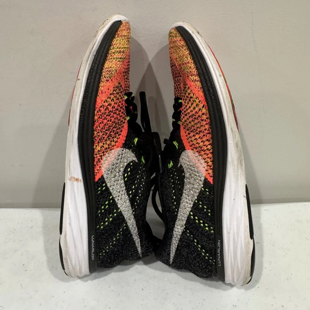 Nike Flyknit Lunar 3 Mens 8 Running Shoes Black Orange Volt Mesh 698181-006